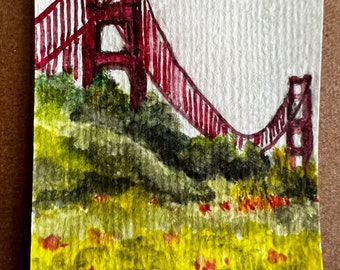 Golden Gate Bridge San Francisco California Original Art ACEO Watercolor Painting 2.5" x 3.5"