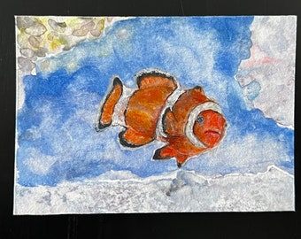 Clownfish at The Seas, Epcot Original Watercolor & Acrylic Painting ACEO Art