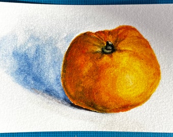 Single Satsuma Study Original Art Gouache Still Life Painting 3.5" x 5"