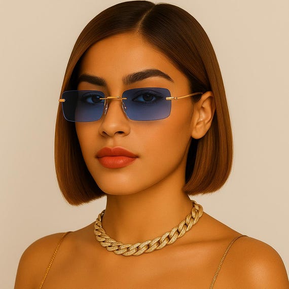 Rimless Rectangle Sunglasses | Color Tinted Gold Frame  display picture 1
