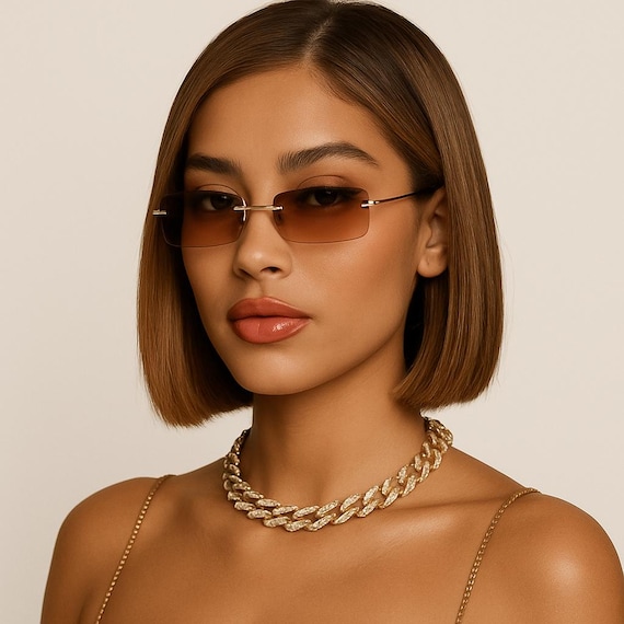 Trendy Rimless Rectangle Sunglasses Y2K Minimal Chic Retro Eyewear Amazon.com: FEISEDY Rimless Sunglasses Y2K Retro Small  main image 2