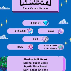May include: A digital interface for Cookie Run Kingdom Dark Cacao Server displaying game currency and items. It features 426191 diamonds, 215450 rainbow cubes, 444 tickets, 973 soul essences, 255 soul cores, and lists Shadow Milk, Eternal Sugar, Mystic Flour Beasts and Dark Cacao Ancient.