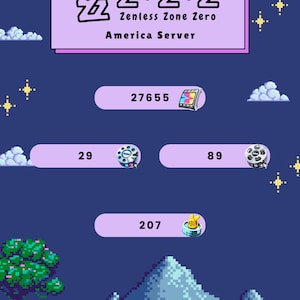 May include: A pixelated graphic with a night sky theme. The image features a sign that reads "Z.Z.Z Zenless Zone Zero America Server." Below the sign are several counters with numbers and icons, including a book, a compass, a film reel, and coins.