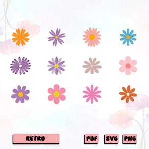Retro Flowers Svg, Clipart Kwiatowy, Plik Cięcia Kwiatu Stokrotki, Boho Flower Svg, Pakiet Kwiatów Svg, Kwiatowy PNG, Pliki Svg Dla Cricut, Natychmiastowe Pobieranie