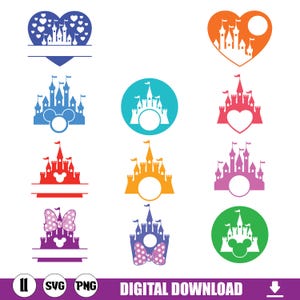 Castle svg bundle, princess svg, castle clipart, Heart Head Mickey mouse, magic kingdom svg, cut files for cricut silhouette