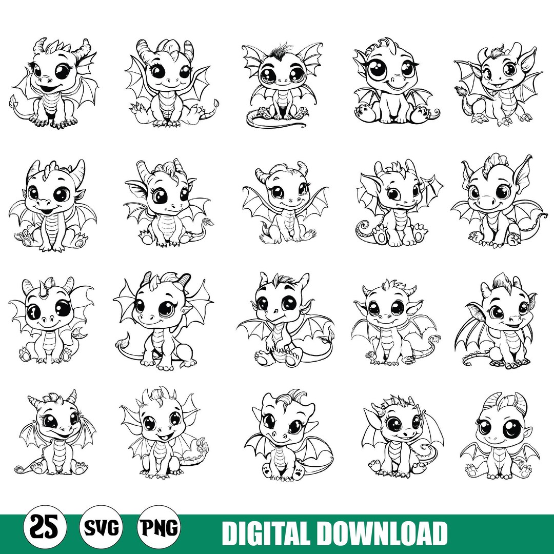 Baby Dragon SVG Bundle, Cute Fantasy Dragon Clipart PNG, Kawaii Dragon ...