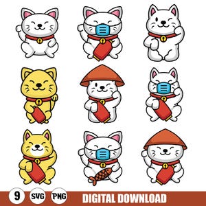 Lucky Cat SVG Bundle, Maneki Neko SVG, Fortune Cat Svg, Asian Good Luck Cat Design, Cute Kawaii Cat Cricut Cut Files, Digital Download PNG