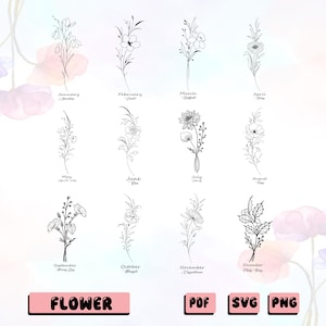 Ensemble SVG Naissance | Bouquet de fleurs Svg | Svg fleur de naissance | Svg floral | Svg botanique | Svg anniversaire | Téléchargement instantané