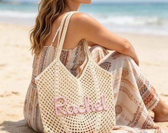 Personalized beach tote bags, Crochet beach bags, Bridesmaid gift bags, Bridesmaid gift, Wedding favor gift, Bachelorette Trip Gift for Her