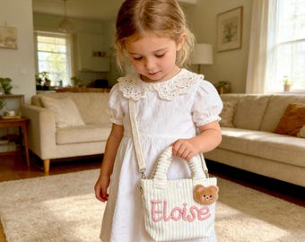 Personalized toddler crossbody bag, small corduroy purse for daycare, baby travel bag, flower girl gifts, preschool, Custom crossbody bag
