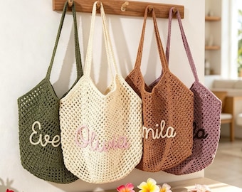 Personalized beach tote bags, Crochet beach bag, Bridesmaid gift bags, Bridesmaid gift, Wedding favor gifts, Bachelorette Trip Gift for Her
