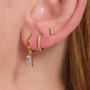 Dangle Diamond Baguette Earrings Set • Huggie Hoops • Baguette hoops, Baguette Studs  • Earring gift set•  Baguette Dangle Hoops