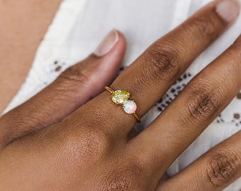 Peridot Birthstone & Pearl Ring • Opal Ring • Personalized Birthstone Ring • Custom Jewelry • november birthstone gifts
