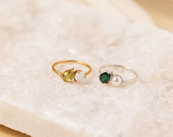 オパール誕生石＆パールリング • シルバー - ゴールドカスタムリング • パーソナライズ誕生石リング • カスタムジュエリー • バレンタインギフト