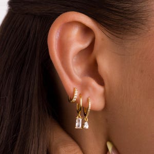 Dangle Emerald & Pear Hoops Set • Huggie Hoops • Emerald hoops, Huggie hoops  • Earring gift set•  Pear Dangle Hoops