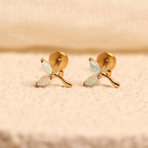 16G/18G Titanium Double Marquise Opal Leaf Flat Back Earrings - Implant-Grade Titanium Nap Earrings - Hypoallergenic Cartilage Studs N139