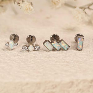 16G/18G Titanium Opal Flat Back Stud Earrings Set | Implant Grade Titanium Labret | Cartilage, Helix, Tragus & Lobe Piercing