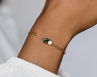 Opal Birthstone Pearl Bracelet • Paper Clip Box Chain Pear Bracelet • Two stone Bracelet • november birthstone gifts
