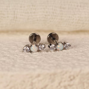 16G/18G Titanium Round Opal CZ Screw Back Stud Earrings, Flat Back Cartilage Earrings, Internally Threaded Labret Stud, Helix Tragus N145