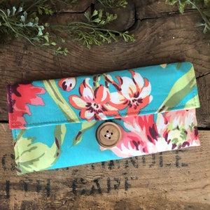 Cartera hecha a mano - Cartera de mujer - Cartera vegana - Floral turquesa y coral con bolsillo con cremallera, listo para enviar