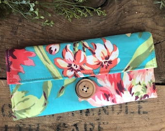 Handmade Wallet - Womens Wallet - Vegan Wallet - Turquoise and Coral Floral With Zipper Pocket, Ready to ship