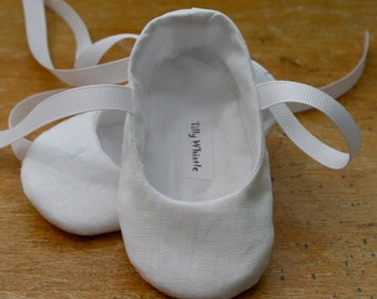 Flower Girl Shoes - White Linen Ballet Slipper Baby and Toddler Girl