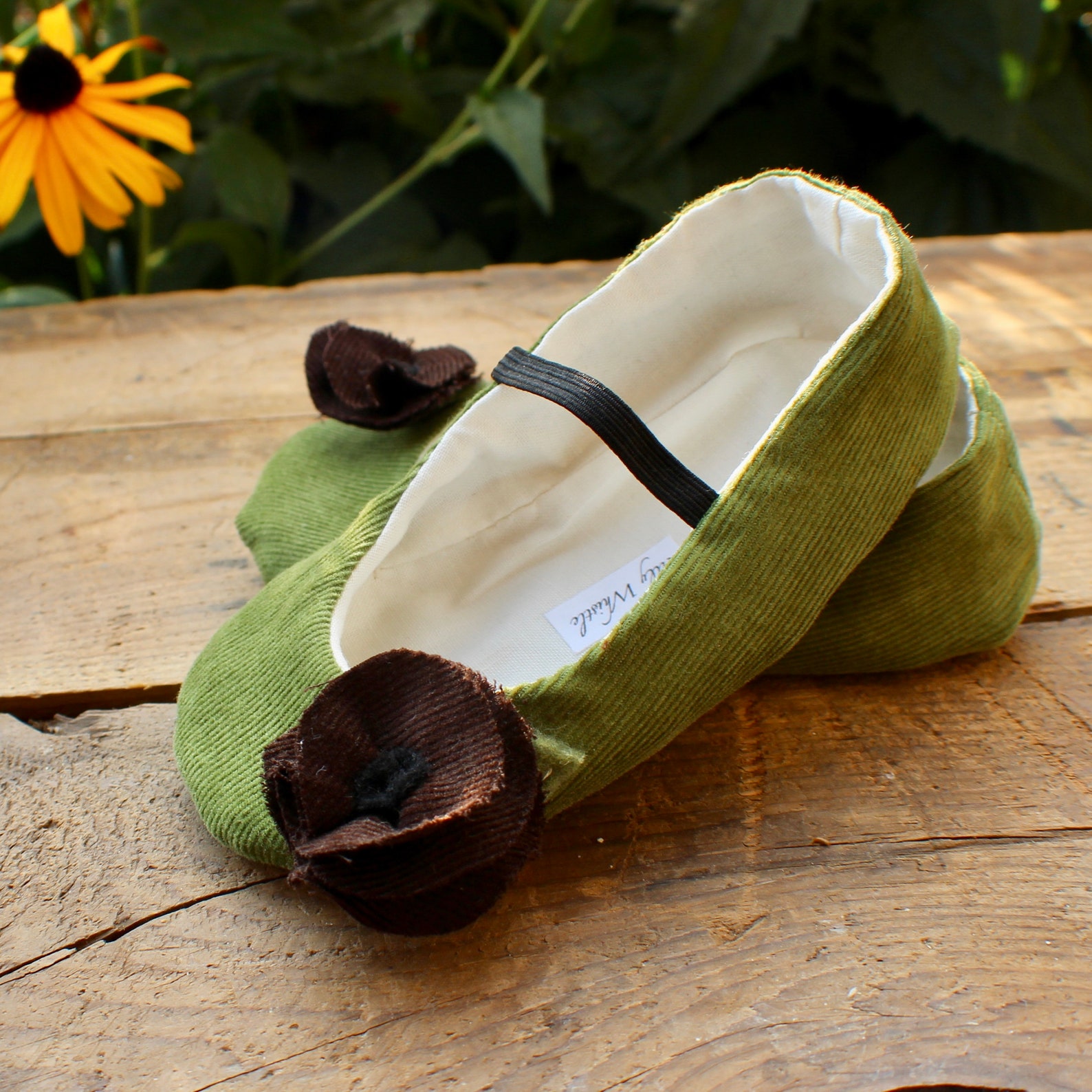 green corduroy ballet flats with flower - baby and toddler girl shoes - ballet slippers with elastic
