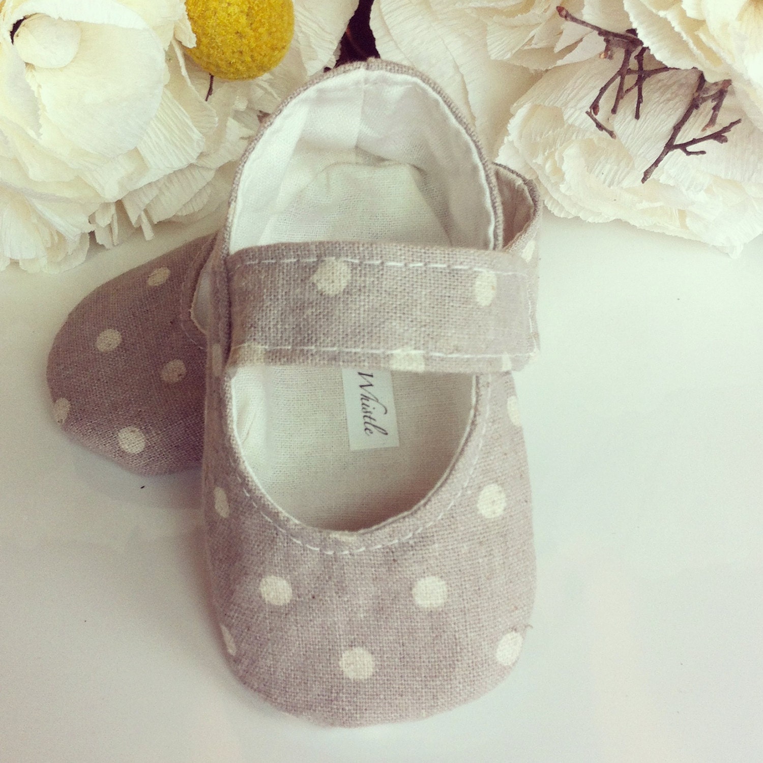 Baby Girl Shoes Linen Grey and Cream Polka Dot Mary Janes Etsy