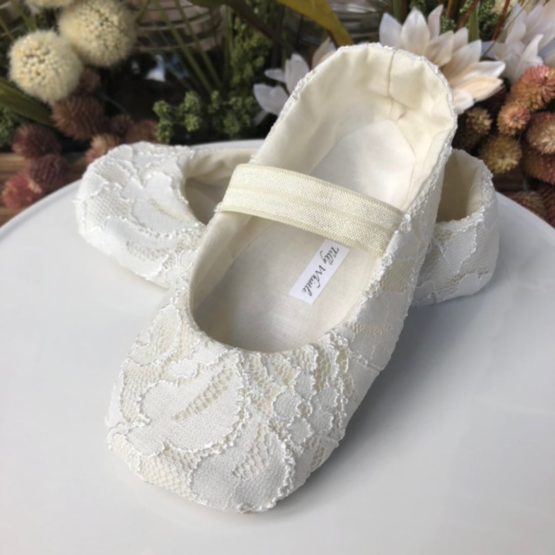 Ivory or White Lace Ballet Slippers With Elastic Flower Girl Shoes