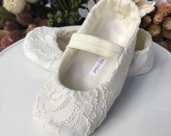 Ivory or White Lace Ballet Slippers With Elastic - Flower Girl Shoes - Baby and Toddler Girl  - Christening - Baptism - Princess Shoes