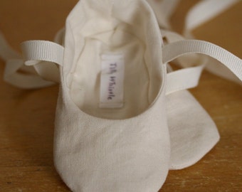 Flower Girl Shoes Ivory Linen - Baby Girl, Toddler Girl Ballet Slippers  - Christening - Baptism