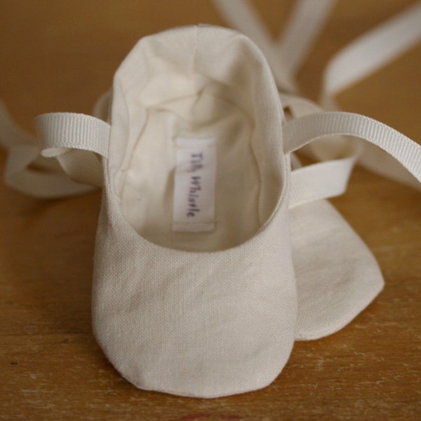 Flower Girl Shoes Ivory Linen - Baby Girl, Toddler Girl Ballet Slippers  - Christening - Baptism