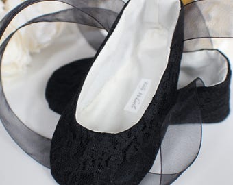 Black Lace Ballet Slippers - Flower Girl Shoes - Baby and Toddler Girl  - Holiday Dress Shoes