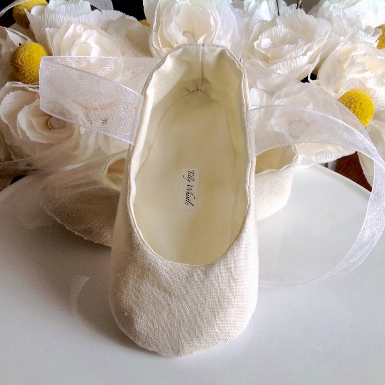 White or Ivory Linen Flower Girl Shoes Baby and Toddler Girl Christening Baptism Ivory