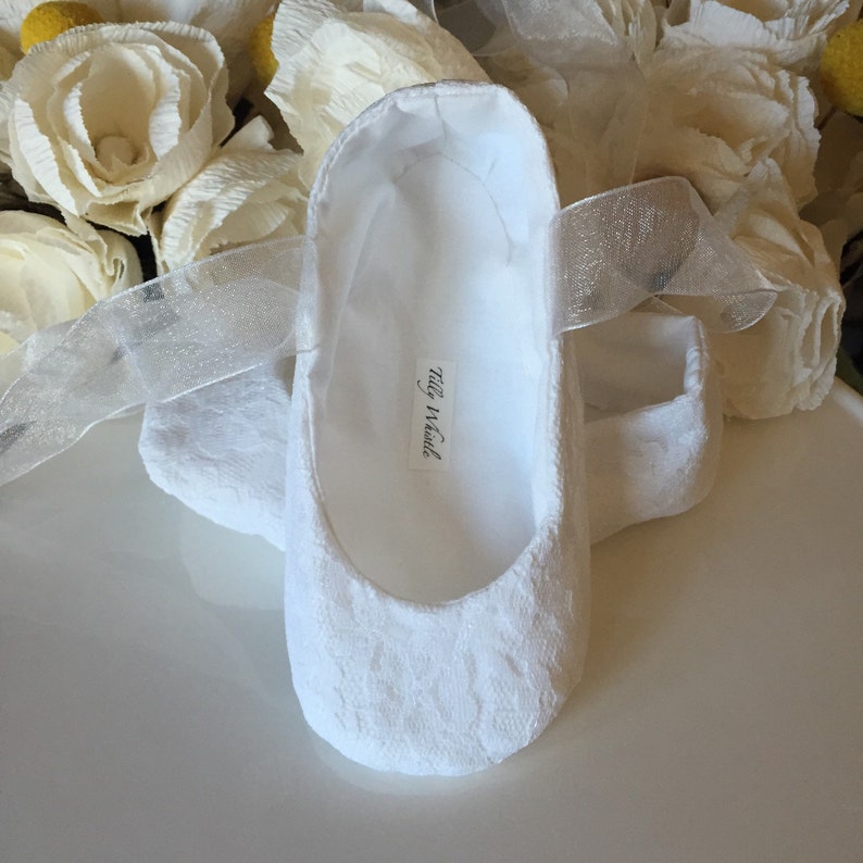 White or Ivory Lace Ballet Slippers Flower Girl Shoes Baby and Toddler Girl Christening Baptism image 4