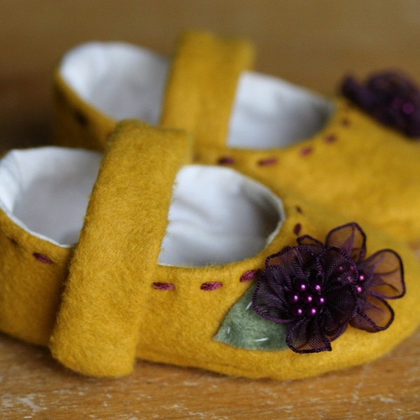 Yellow Wool and Purple Flowers  Mary Jane Booties
