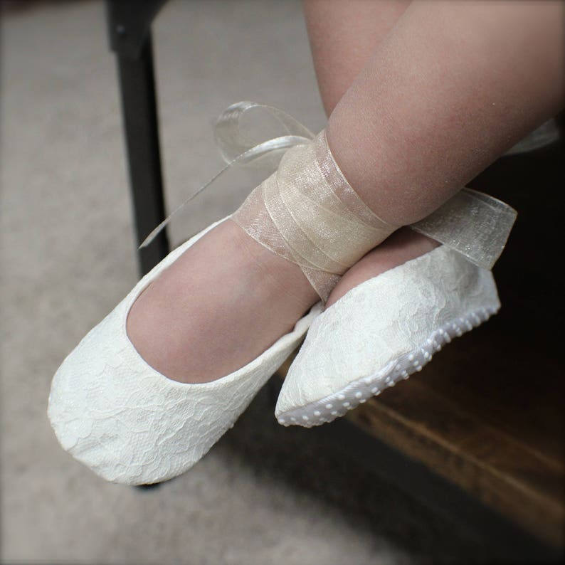 White or Ivory Lace Ballet Slippers Flower Girl Shoes Baby and Toddler Girl Christening Baptism image 3