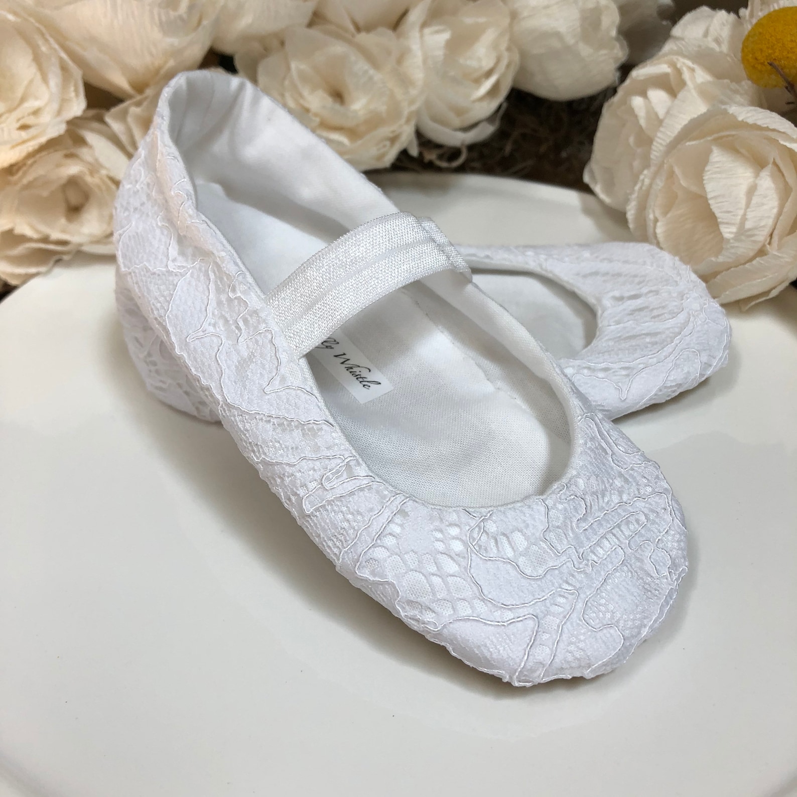 ivory or white lace ballet slippers with elastic - flower girl shoes - baby and toddler girl - christening - baptism - princess