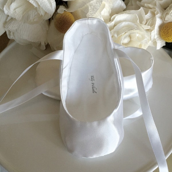 White Satin Ballet Slippers - Baby Girl Shoes, Toddler Girl - Flower Girl Shoes - Christening Shoes