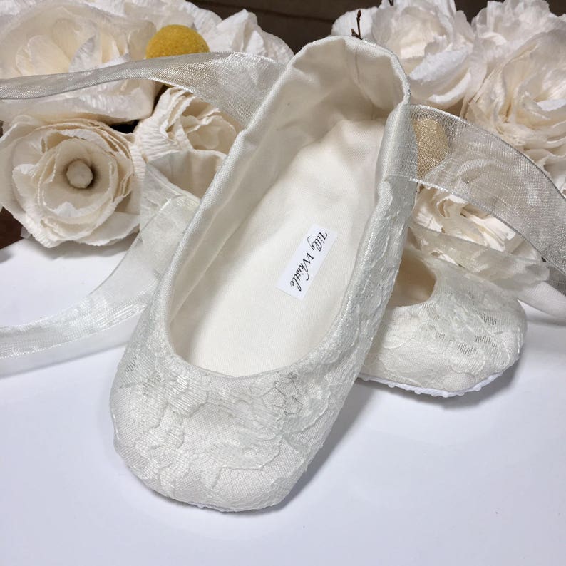 White or Ivory Lace Ballet Slippers Flower Girl Shoes Baby and Toddler Girl Christening Baptism image 2