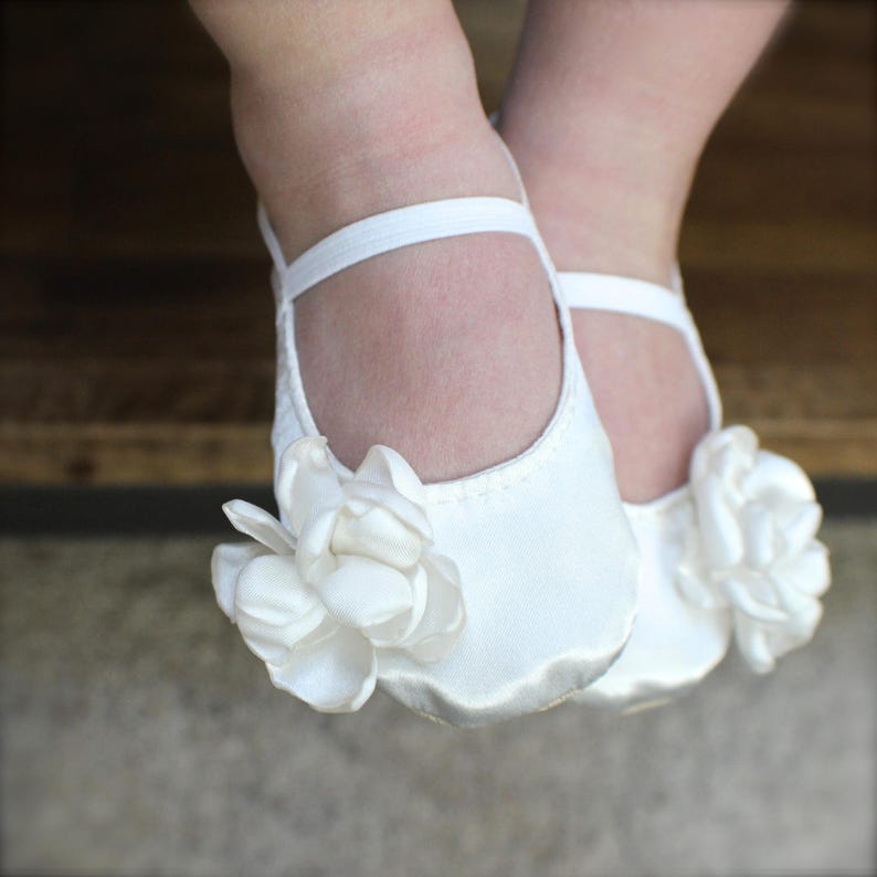 Ivory or White Satin Baby Girl Shoes With Flower Ballet Etsy