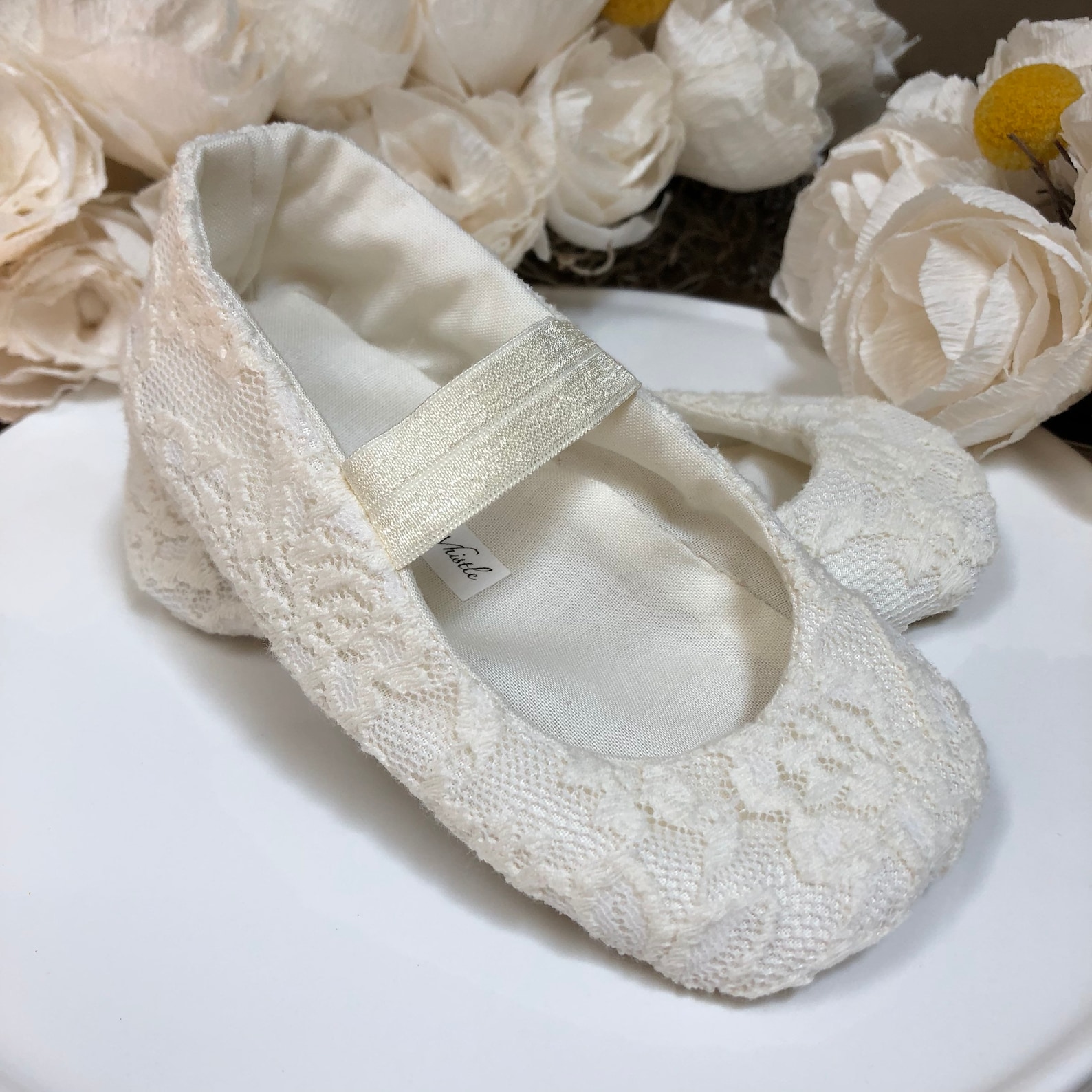 ivory or white lace ballet slippers with elastic - flower girl shoes - baby and toddler girl - christening - baptism - princess