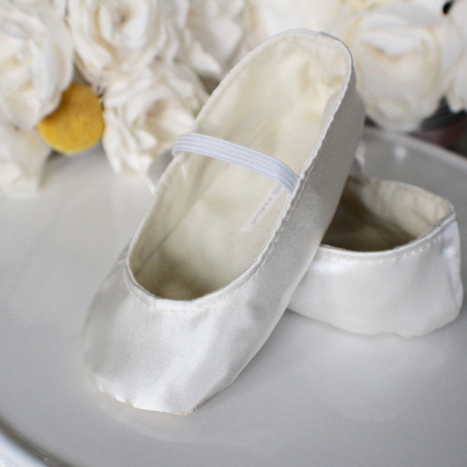 white flat flower girl shoes