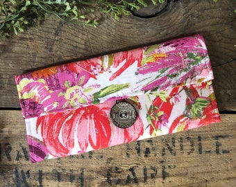 Ready to Ship  - Fabric Wallet Pink and Orange Floral Print Fabric With Zipper Pocket