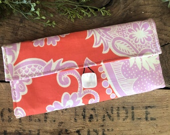 Fabric Wallet Coral and Lilac With Zipper Pocket, Girls Wallet - Ready to Ship