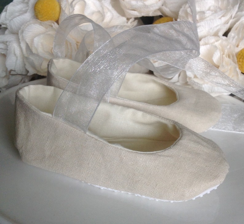 White or Ivory Linen Flower Girl Shoes Baby and Toddler Girl Christening Baptism image 4