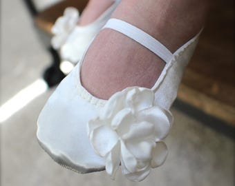Ivory or White Satin Baby Girl Shoes with Flower - Ballet Flats - Toddler Girl Shoes - Christening, Baptism Shoes - Flower Girl Shoes