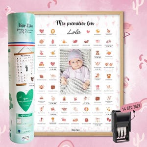 Keep'Love - Affiche bébé à tamponner "Mes Premières Fois" Flamant Rose – Avec kit empreintes, tampon dateur & cadre photo – Cadeau Naissance