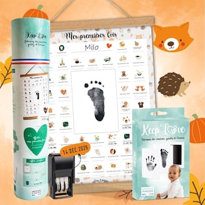 Affiche bébé à tamponner "Mes Premières Fois" Renard – Avec kit empreintes, tampon dateur & baguettes – Cadeau de Naissance - Baby Shower