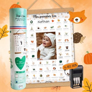 Keep'Love - Affiche bébé à tamponner "Mes Premières Fois" Renard – Avec tampon dateur & baguettes – Cadeau de Naissance - Baby Shower